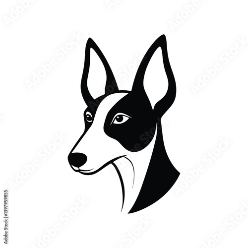 Black and white ibizan hound head with regal posture.eps