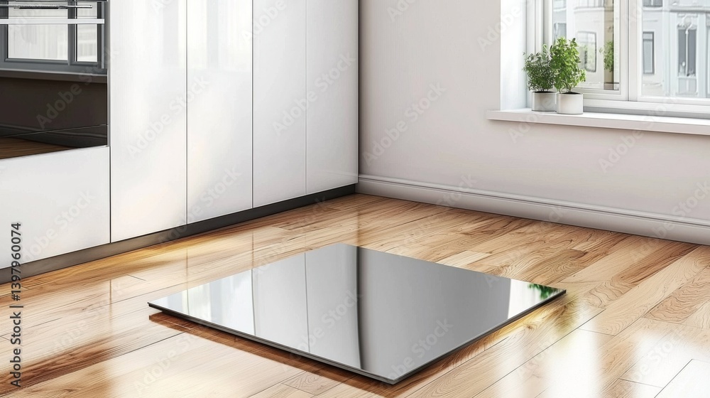 Modern interior with a reflective square panel on polished wooden floor