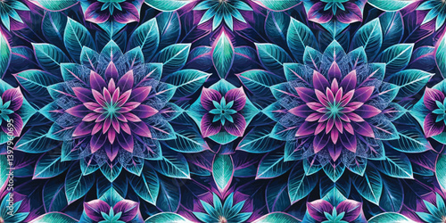 A vibrant floral pattern featuring bold purple and turquoise hues.