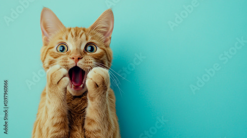 Photograph of a ginger cat with a shocked expression, mouth open and paws on its face, against a pastel blue background