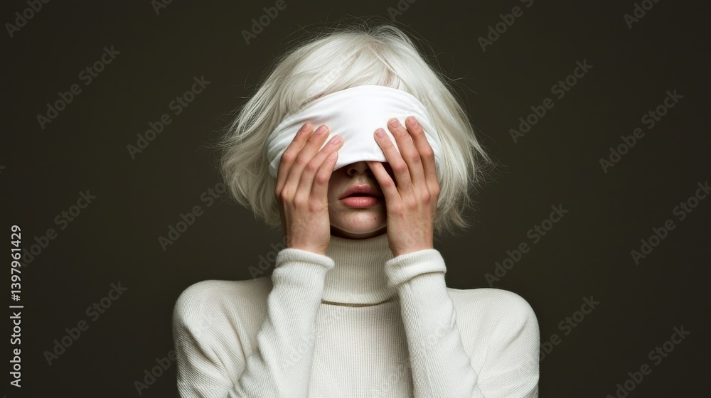 A woman with short white hair covers her eyes with a white cloth