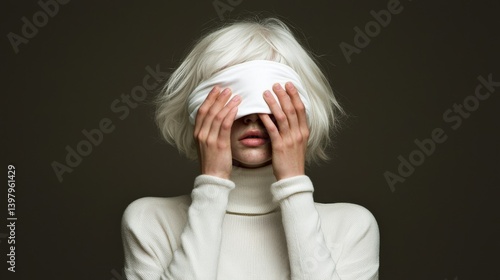 Obraz na płótnie A woman with short white hair covers her eyes with a white cloth w salonie
