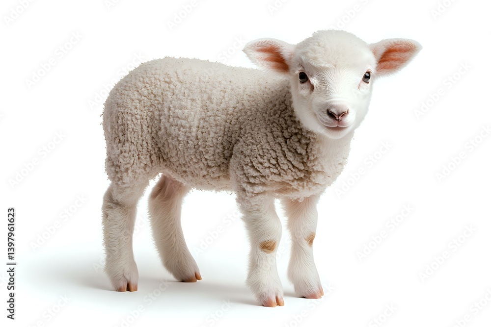 Young white lamb standing on isolated background, looking at camera with curious expression. Fluffy woolly coat and pink ears visible in studio lighting. Young white lamb standing on isolated background, looking at camera with curious expression. Fluffy woolly coat and pink ears visible in studio lighting.