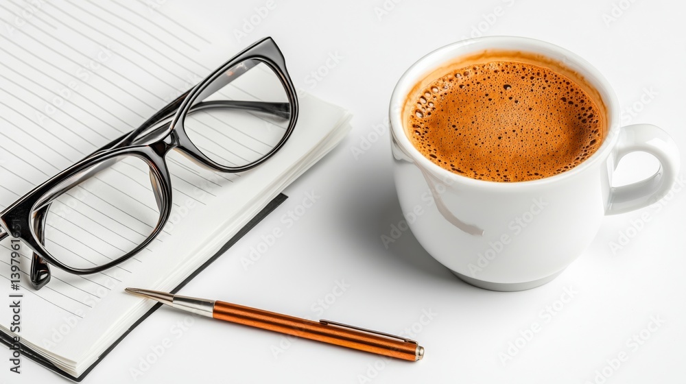 A cozy workspace with a cup of coffee, glasses, and a notebook
