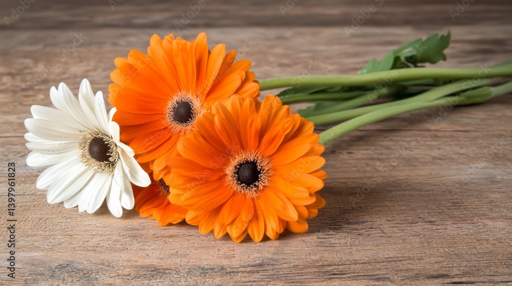 Vibrant orange and white gerbera daisies arranged on a wooden surface