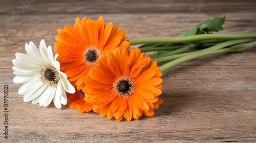 Obraz na płótnie Vibrant orange and white gerbera daisies arranged on a wooden surface w salonie