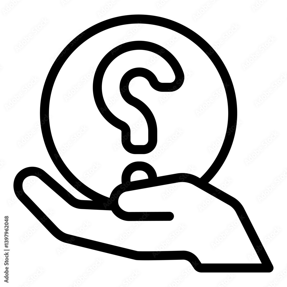 Question bubble in hand line icon, family psychology concept. Vector graphics. Mark in hand, asking sign on white background, style mobile or design. Question bubble in hand line icon, family psychology concept. Vector graphics. Mark in hand, asking sign on white background, style mobile or design.