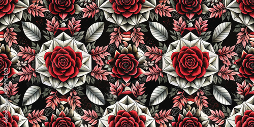 Intricate floral pattern with red roses and geometric designs on a black background.