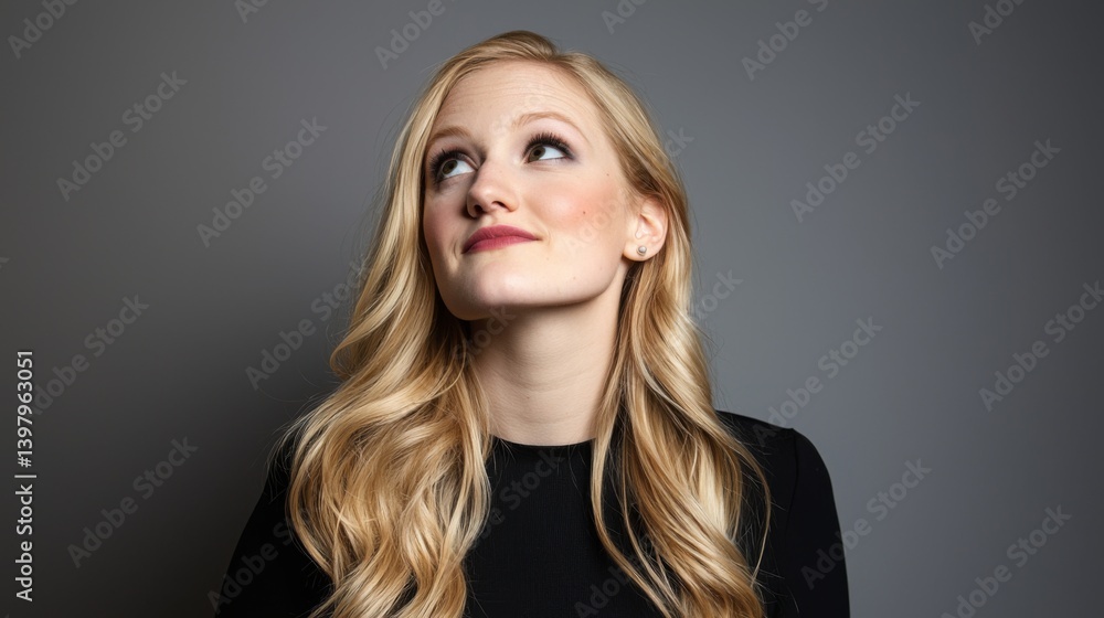 Young woman with long blonde hair looking thoughtfully upwards
