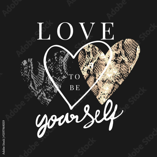 love yourself calligraphy slogan with wild animal skin pattern in heart shape vector illustration 