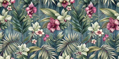 Vibrant floral pattern featuring orchids and lush greenery.