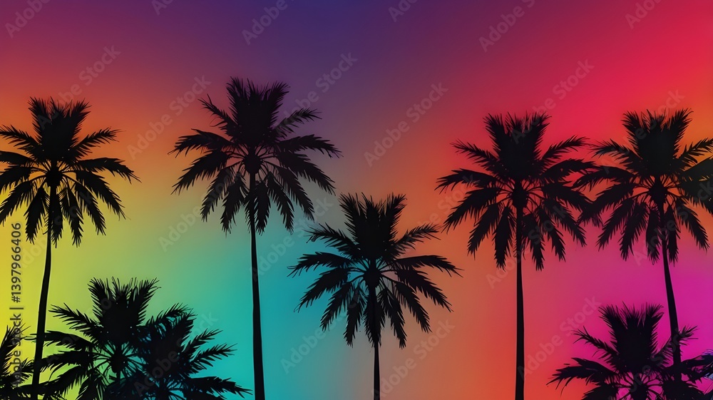 Bold black palm tree silhouettes on a neon gradient background Bold black palm tree silhouettes on a neon gradient background