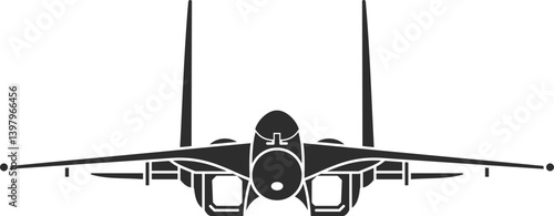 Icon model of a Su-27 combat aircraft, front view isolated on black, air force aircraft icon.