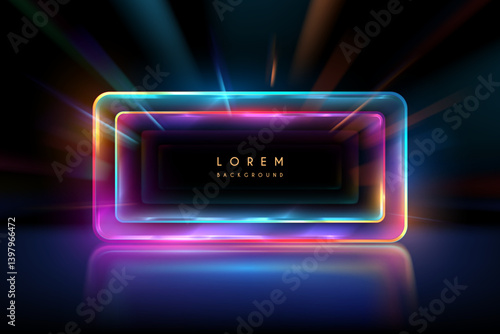 Neon light frame with rays on black background