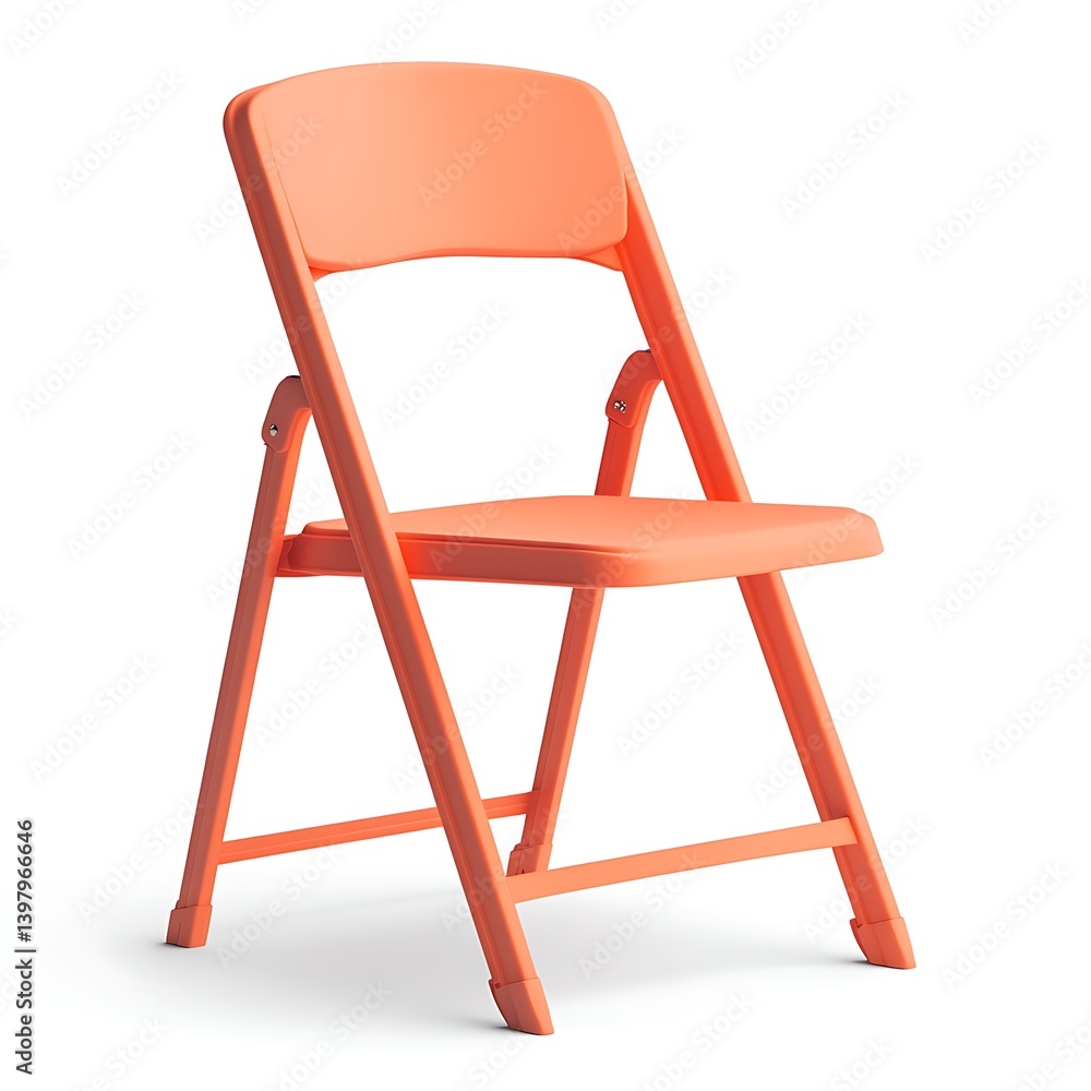 Peach Folding Chair: An isolated, vividly colored peach-toned folding chair stands poised, its minimalist design exuding clean lines and modern charm. Peach Folding Chair: An isolated, vividly colored peach-toned folding chair stands poised, its minimalist design exuding clean lines and modern charm.
