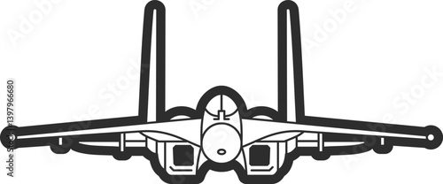 Su-27 fighter jet model icon, front view black line, aircraft icon with thick outline.