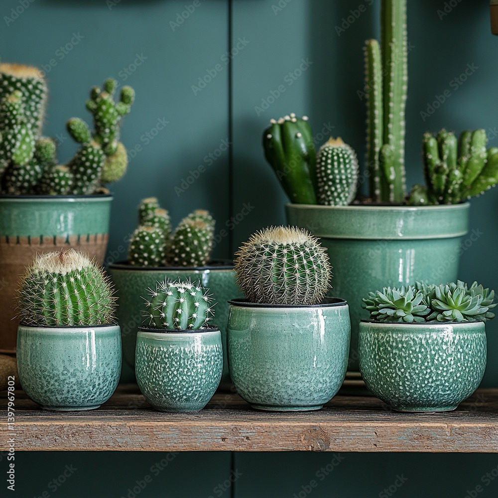 Cacti and succulents in stylish pots on wooden shelf Cacti and succulents in stylish pots on wooden shelf