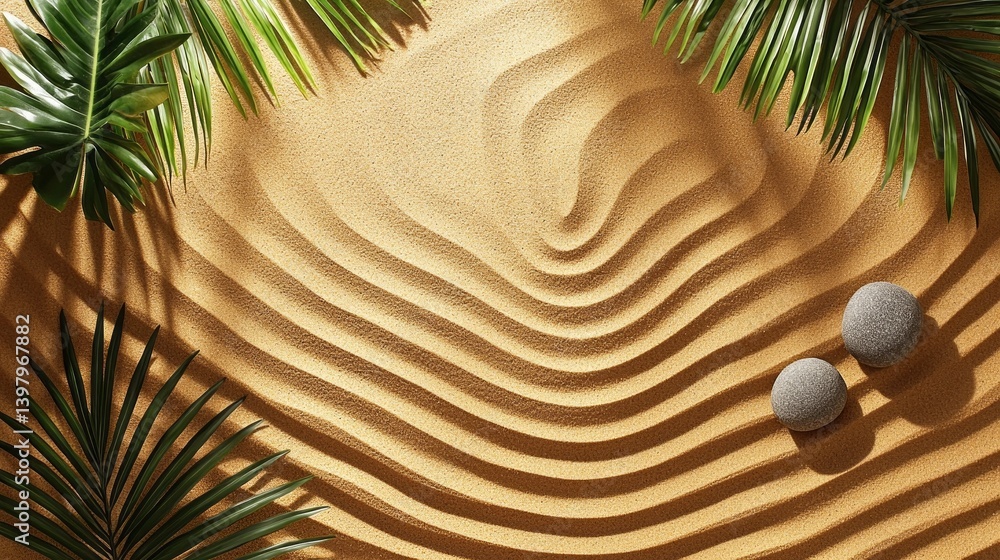 Obraz premium A sandy beach with palm trees and rocks