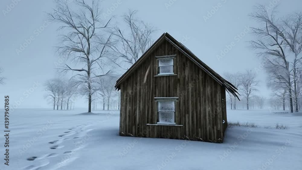 Solitary Shelter in Winter's Embrace: A weathered wooden cabin stands resilient amid a serene winter landscape, its windows gazing out at the hushed. Solitary Shelter in Winter's Embrace: A weathered wooden cabin stands resilient amid a serene winter landscape, its windows gazing out at the hushed.