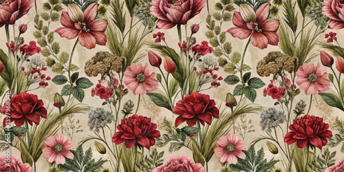 Vibrant floral pattern featuring various red and pink flowers on a beige background.