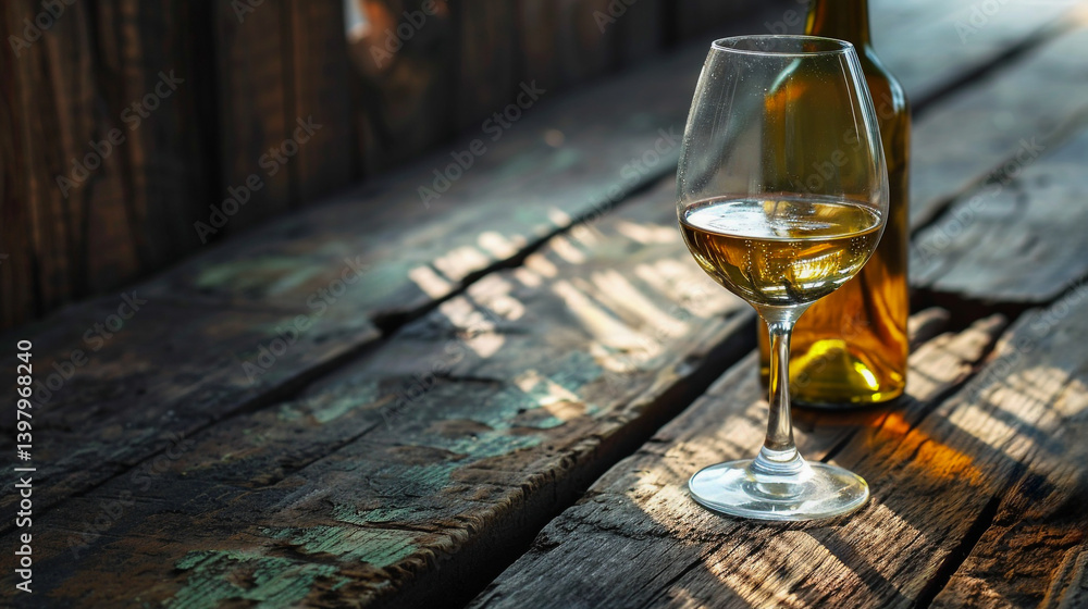 Obraz premium A glass of amber colored aged whiskey or scotch rests on an old weathered wooden table bathed in the warm inviting glow of ambient lighting The scene evokes a sense of luxury relaxation