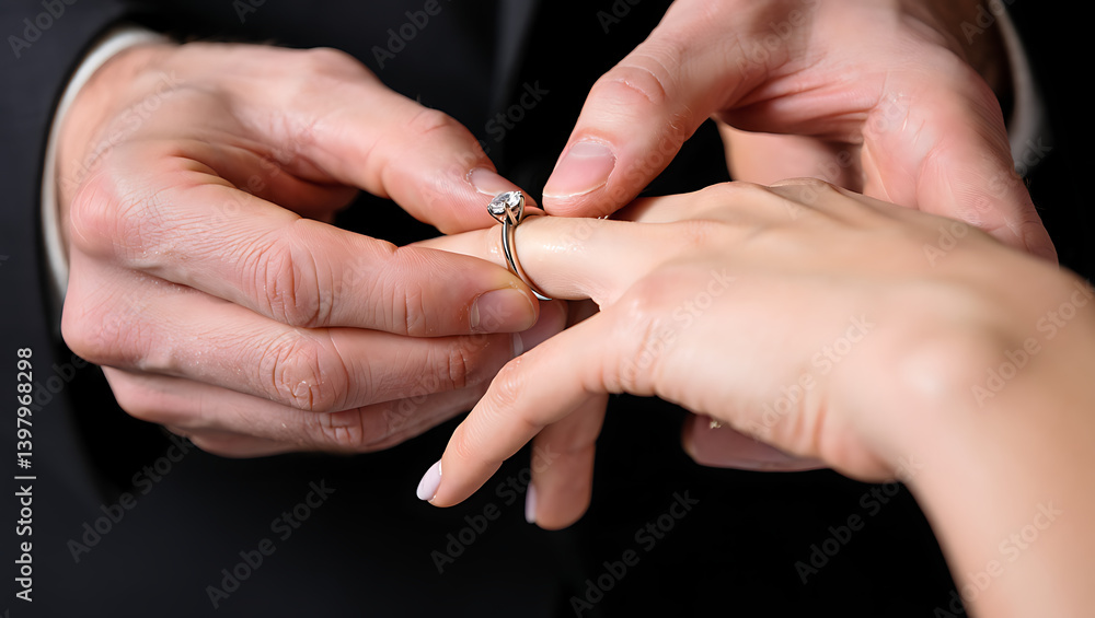 Man Placing Diamond Ring on Woman's Finger for Engagement Man Placing Diamond Ring on Woman's Finger for Engagement