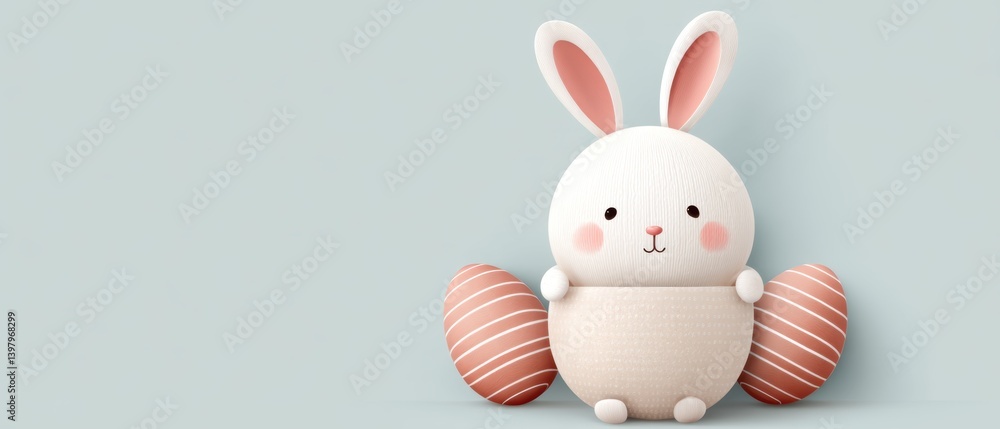 Obraz premium A cute white bunny with pink ears sits beside a colorful striped egg.