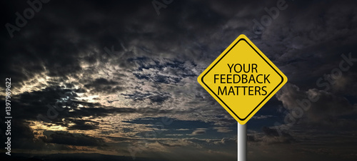 Top view image white paper card written text your feedback matters with a pen.