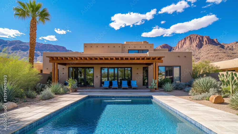 Fototapeta premium Desert Oasis Home with Pool and Mountain Views