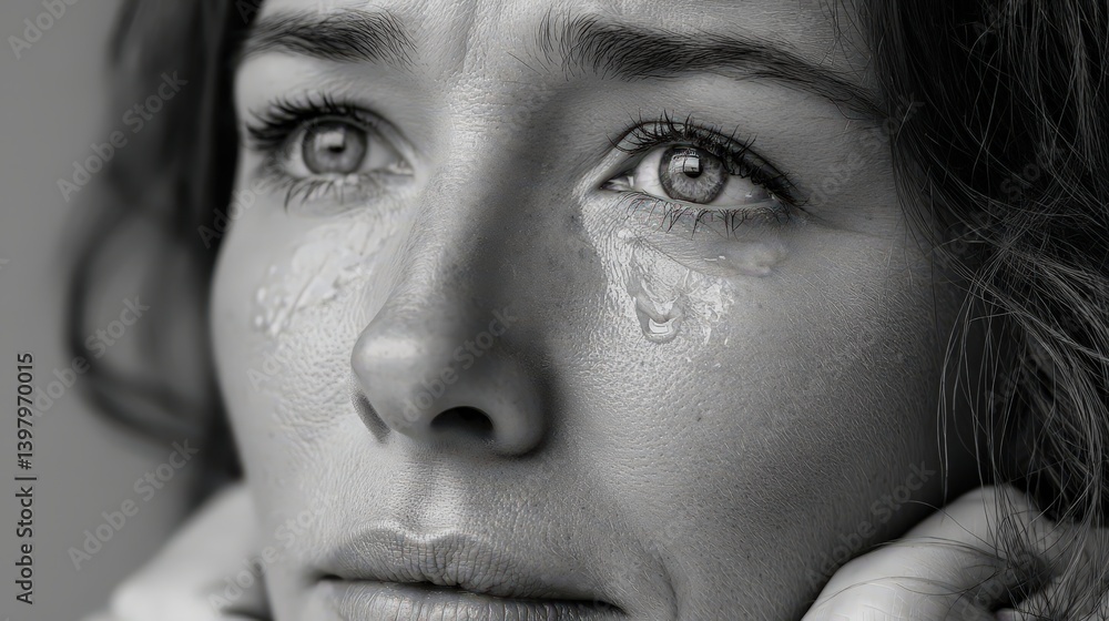 Obraz premium Close-Up of a Tear-Streaked Face with Eyes Staring Forward in Black and White