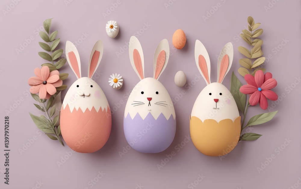 Three colorful Easter eggs with bunny ears and flowers on a vibrant purple background. Three colorful Easter eggs with bunny ears and flowers on a vibrant purple background.