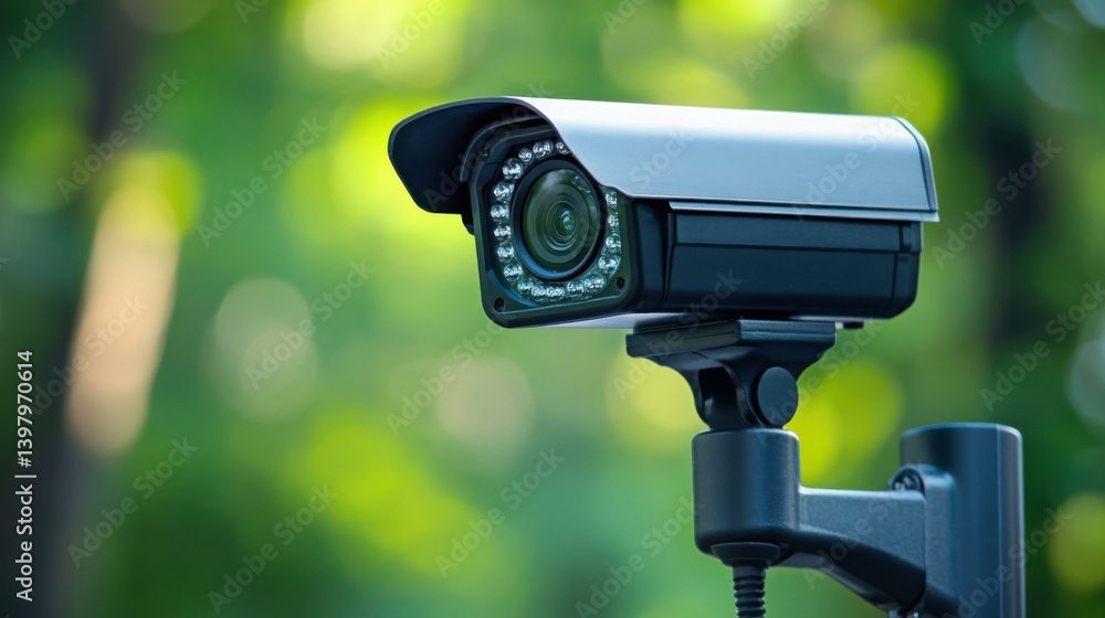 Black and Silver Security Camera Outdoors Close Up Black and Silver Security Camera Outdoors Close Up