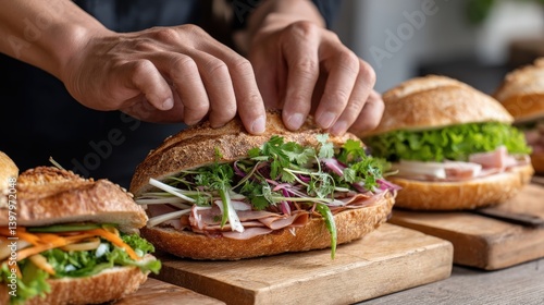 Fresh Ingredients for Assembling Banh Mi Sandwiches with Skilled Hands
