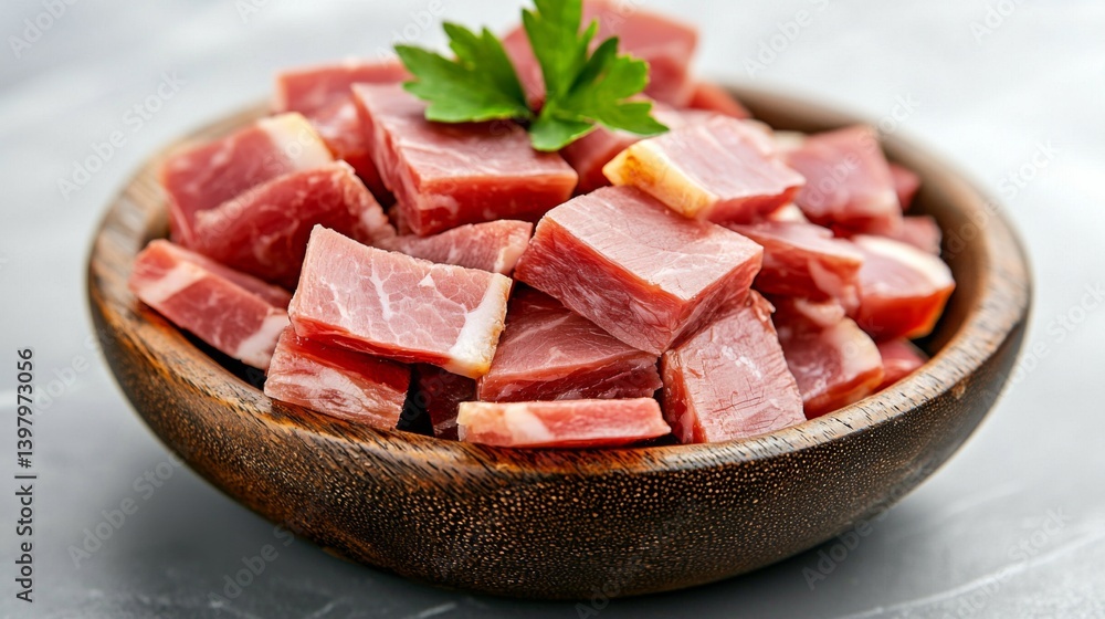 Freshly cut pieces of meat garnished with parsley in a wooden bowl Freshly cut pieces of meat garnished with parsley in a wooden bowl