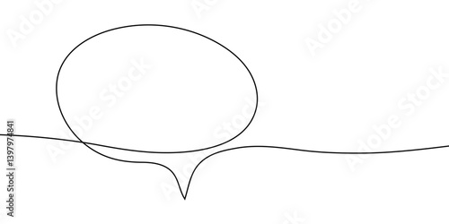 A simple continuous line drawing of a speech bubble with a flowing curve, on a white background. A single line drawing of a speech bubble. A speech bubble drawing in one line. Vector illustration