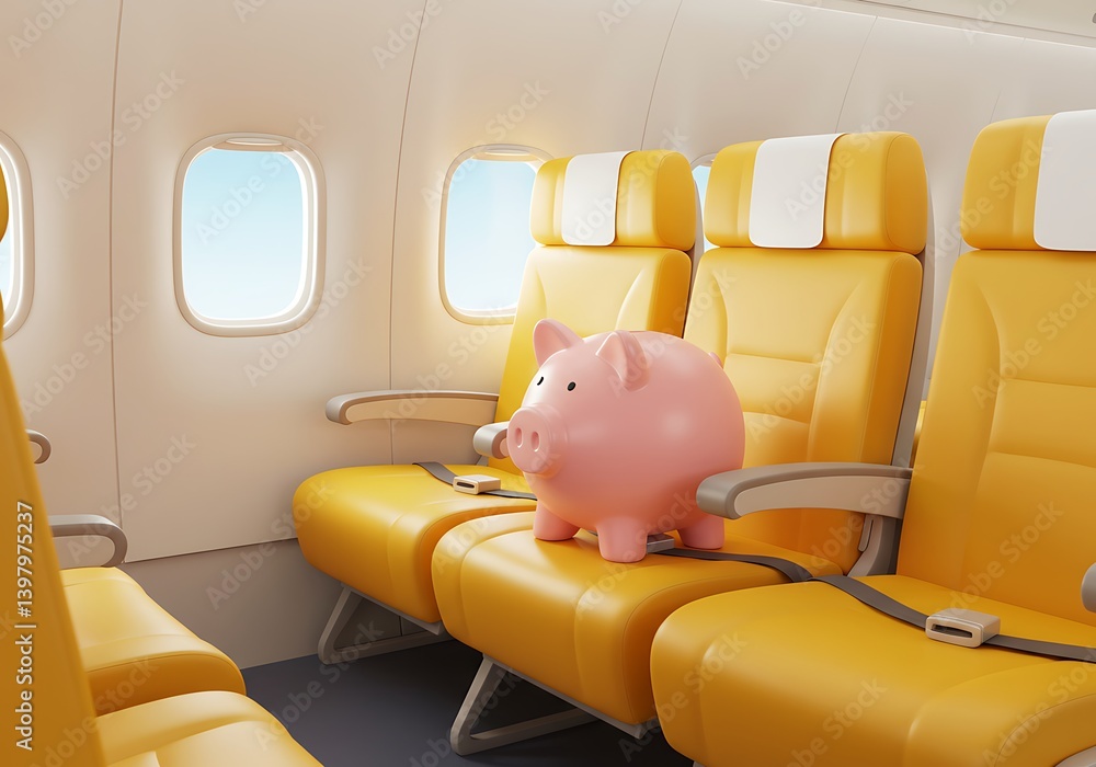Saving for Travel: Piggy Bank on Airplane Seat