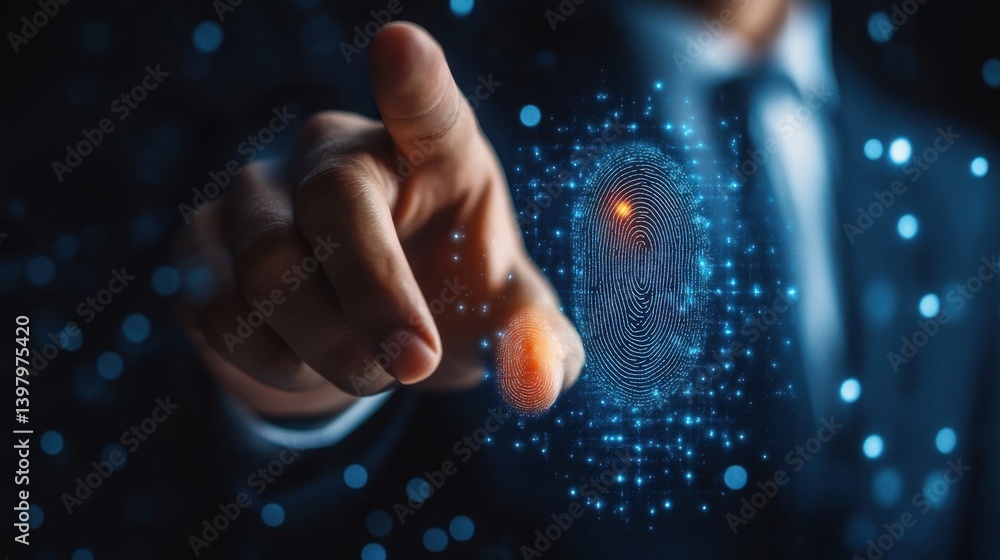 Glowing Digital Fingerprint Interacted With by Hand Glowing Digital Fingerprint Interacted With by Hand