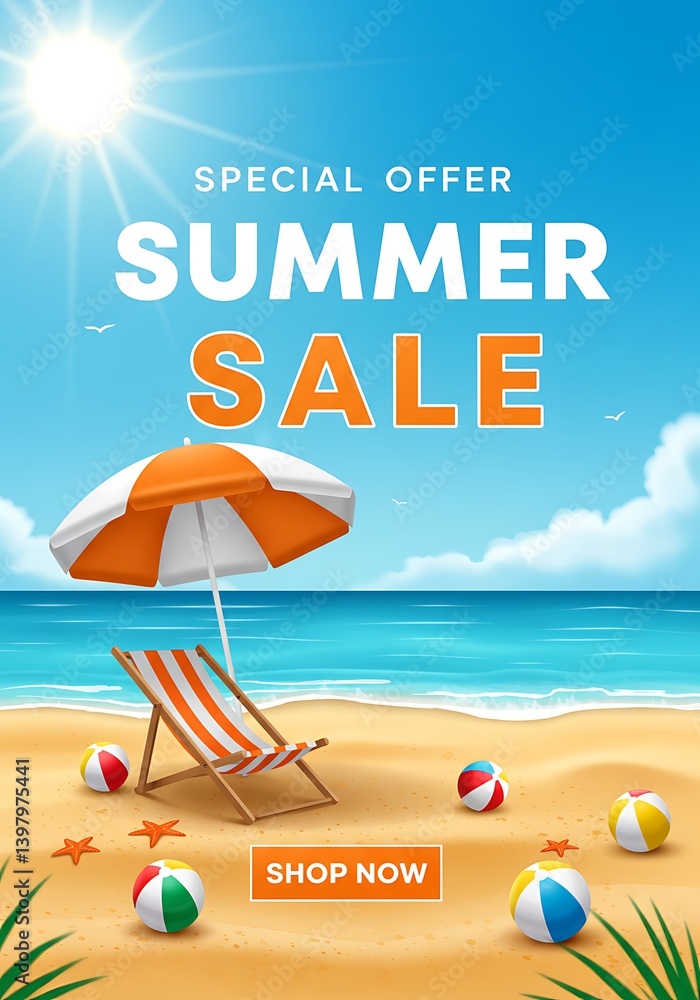 Summer Beach Sale Banner with Chair Umbrella and Balls
