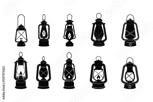 camping lantern lamp icon silhouette isolated on white background.