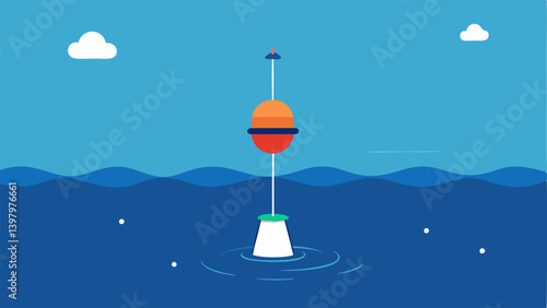 Ocean Buoy A floating ocean buoy depicted on the waters surface with a digital model beside it showcasing environmental data collection points like temperature salinity and