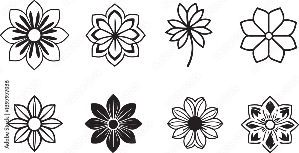 A collection of various stylized floral icons in black and white, perfect for logos, branding, websites, or graphic design projects. A collection of various stylized floral icons in black and white, perfect for logos, branding, websites, or graphic design projects.