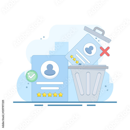 employee or worker recruitment concept. eliminating job applicants. disqualifying and selecting job candidates. HR staff throws information about bad job applicants into the trash. flat illustration.