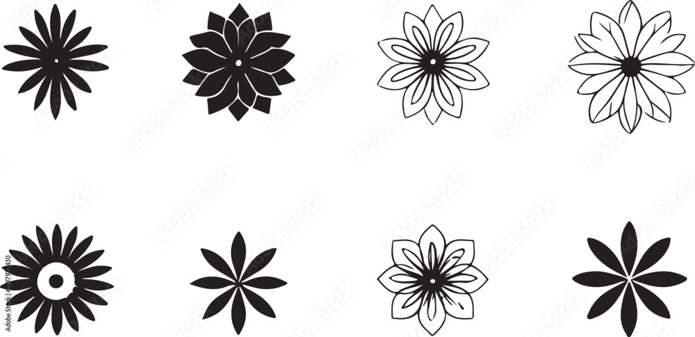 A collection of various stylized floral icons in black and white, perfect for logos, branding, websites, or graphic design projects. A collection of various stylized floral icons in black and white, perfect for logos, branding, websites, or graphic design projects.