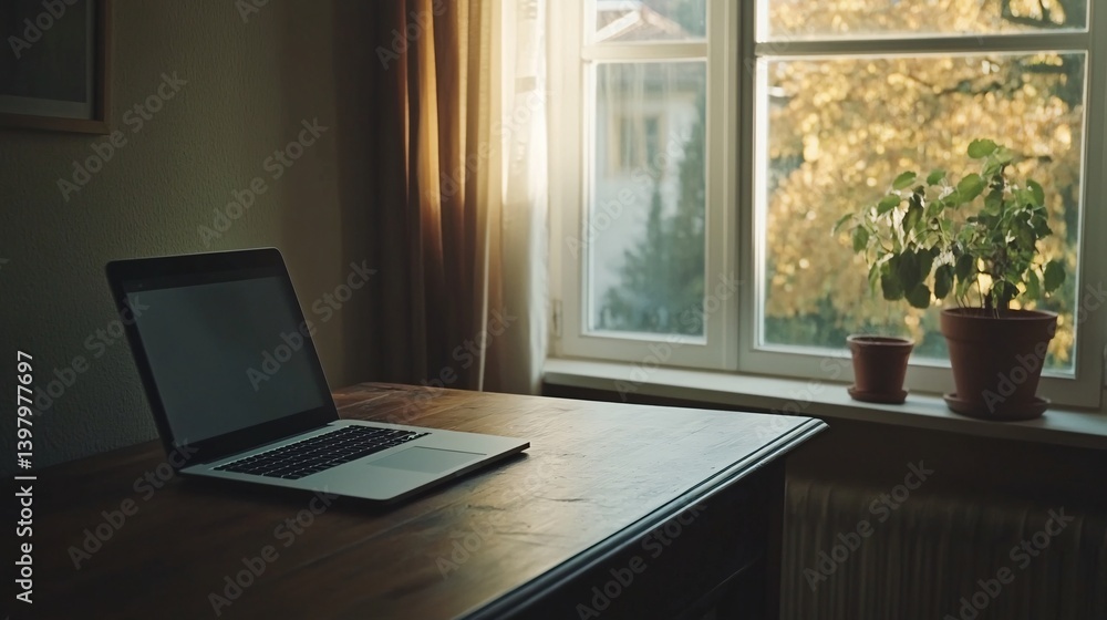 Fototapeta premium A calm and inviting workspace at home, sunlight illuminating a wooden desk with a laptop