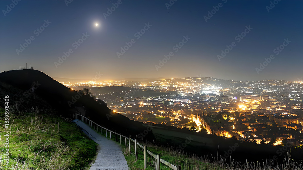 Fototapeta premium Night City View From Hilltop Path