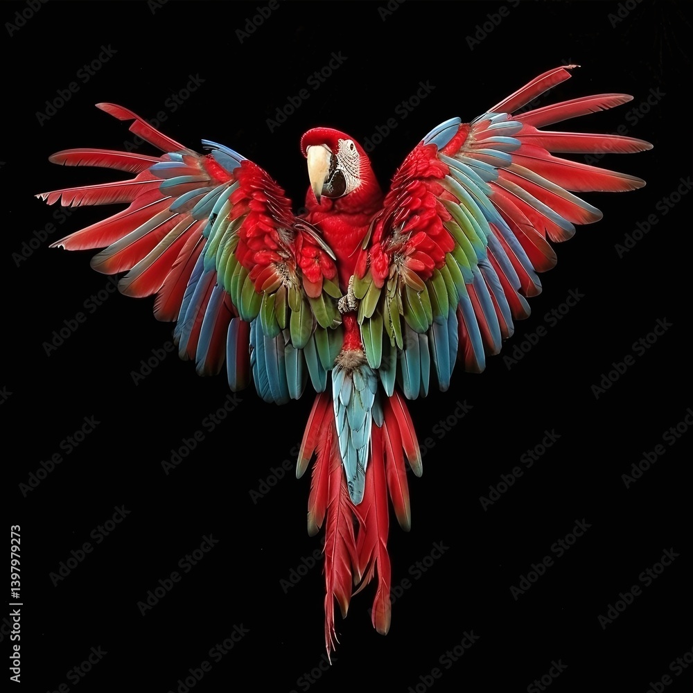 Obraz premium Vibrant Scarlet Macaw Spreading Its Wings Against a Black Background, Capturing Nature's Beauty