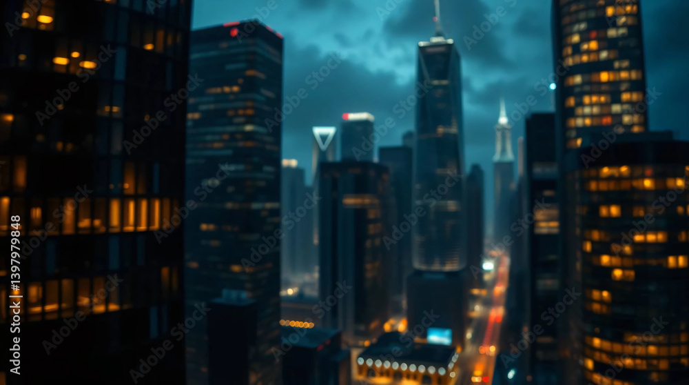 Abstract night lights of a modern futuristic cityscape. Defocused image of a dark street. Tall buildings, towers skyscrapers with glowing windows. Abstract night lights of a modern futuristic cityscape. Defocused image of a dark street. Tall buildings, towers skyscrapers with glowing windows.