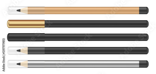 Set of cosmetic pencils. Thin and long eye liners. Black pencils with silver, gold and transparent caps.