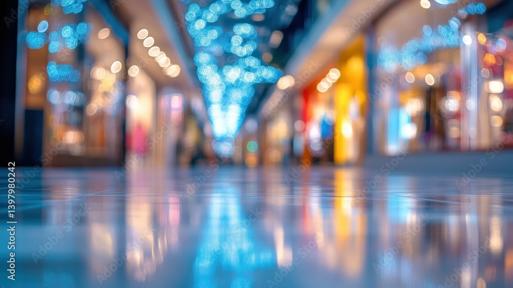 Fototapeta premium Blurred shopping mall interior with shimmering blue lights and reflective floor.