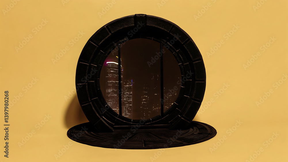 A Whimsical 3D Render of a Futuristic Round Window with Cityscape View A Whimsical 3D Render of a Futuristic Round Window with Cityscape View